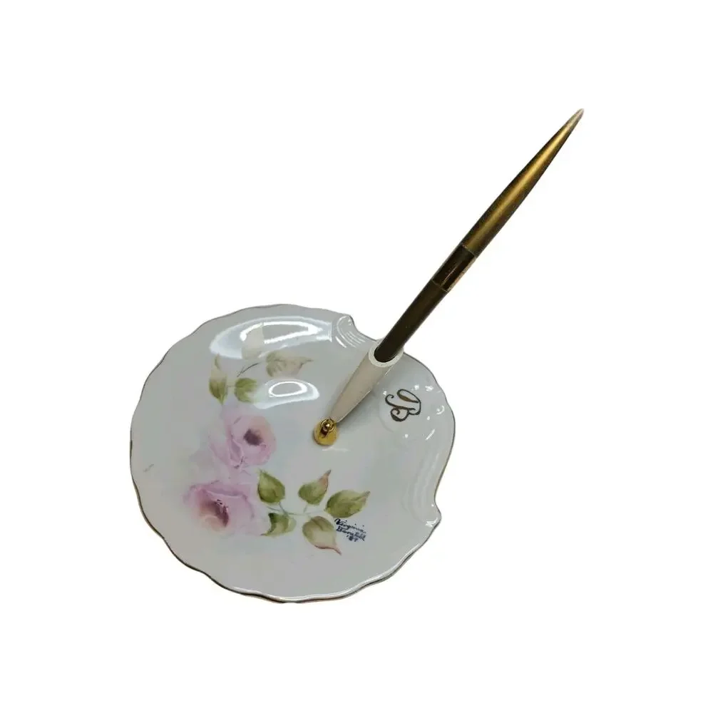 Vintage Pen Holder Desk Handpainted Porcelain Artist Signed Virginia B 1987 Gold